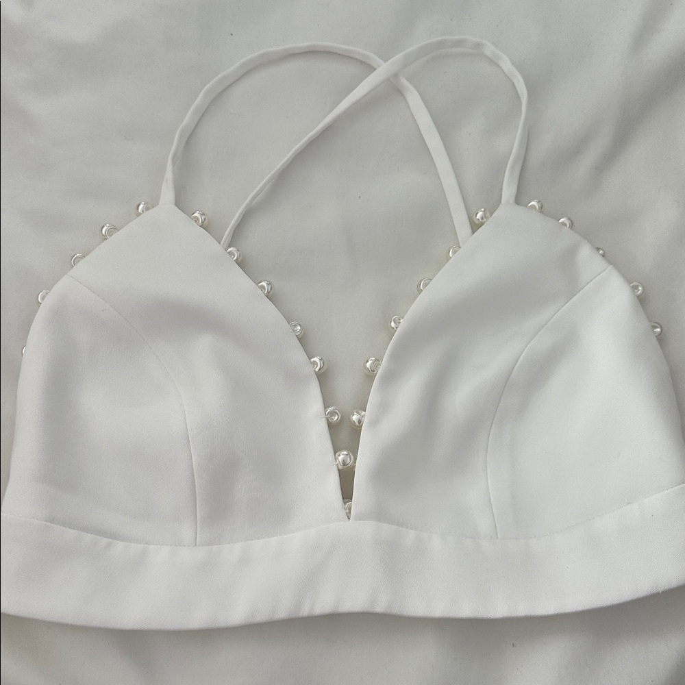 NADINE MERABI Charlotte White Pearl Embellished Bralette - Picture 4 of 8